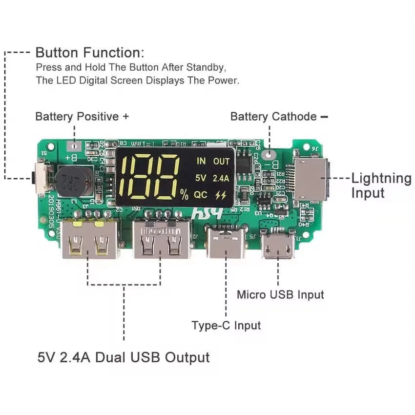 18650 Battery Charger Protection ModuleDual USB 5V 2.4A with BMS Protection DIY Mobile Charging Accessories Digital LCD Display