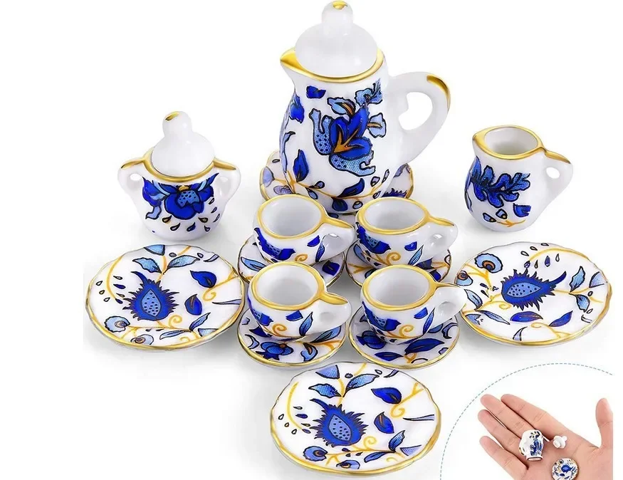 15Pcs 1/12 Dollhouse Miniature Blue Flower Patten Porcelain Coffee Tea Cups Ceramic Tableware Dollhouse Kitchen Accessories