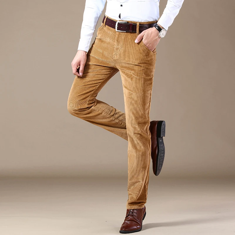 Cotton Corduroy Casual Pants Men's Autumn New Fashion Khaki Soft Slim Straight Business Elastic Trousers Male Clothes