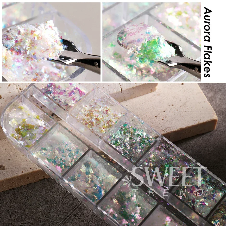 12 Gitter, schillernde Kristallnägel, Aurora-Glitzer, Feuerflocken, holografische glitzernde Pailletten, Charms, Gel-Nagellack, Maniküre, Flash-Dekor