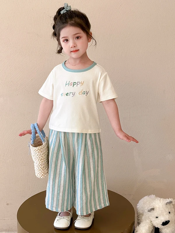 女の子夏ストライプ半袖衣装ワイドレッグパンツツーピースセットベビー服子供夏服カジュアルスタイル薄手素材