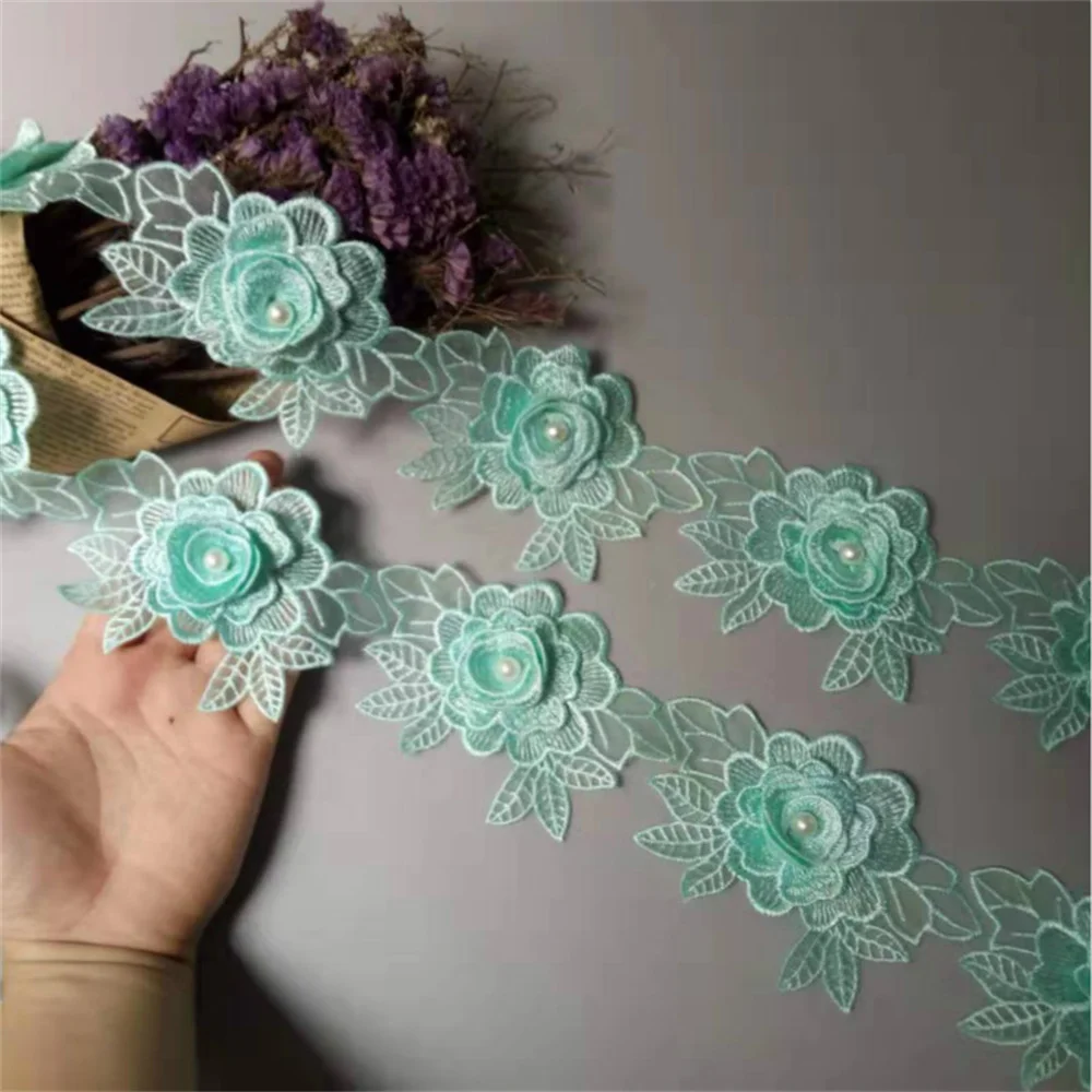 

3 yard Green Polyester Rose Flower Handmade Embroidered Fabric Lace Trim Applique Ribbon DIY Sewing Craft Decoration 11.3cm