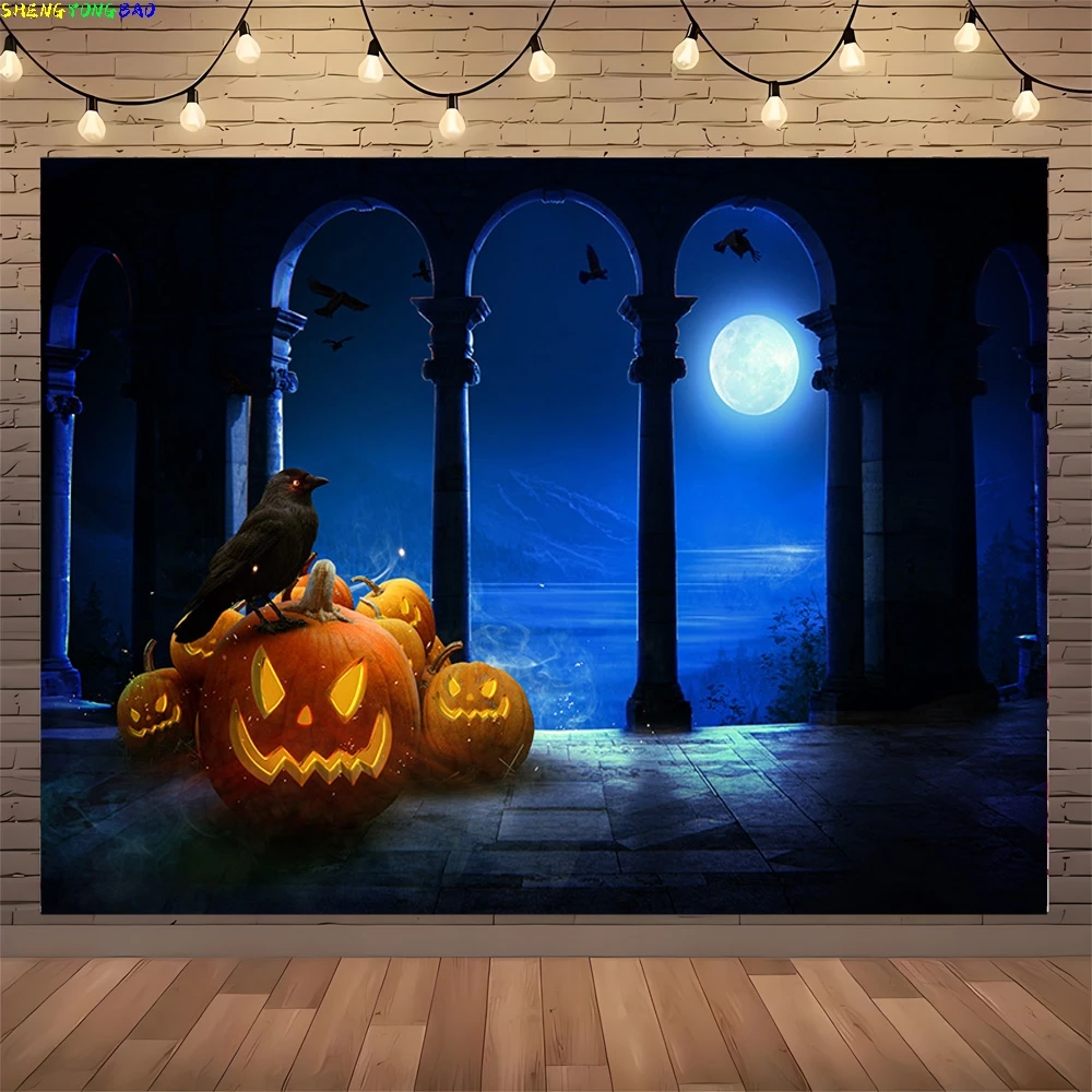 Halloween Backdrop Full Moon Scary House Night Castle Graveyard Forest Bats Pumpkin Lantern Spooky Photography Background  SJ-1