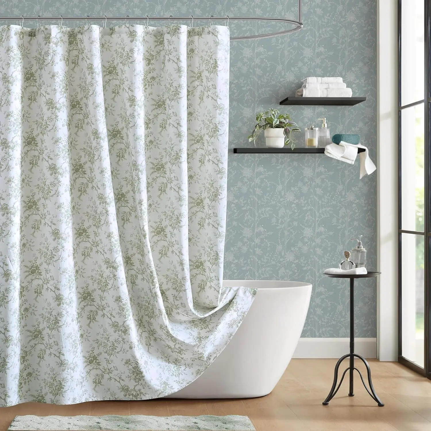 

Elegant Floral Shower Curtain, Textured Cotton-Rich Slub Fabric, Tonal Print, Machine Washable 72x72 Inches