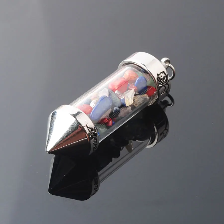 7 Chakra Stone Chain Wishing Bottle Spirit Pendants Pendulum Natural Chip Stones Filled Glass Pyramid Energy for Women BO955