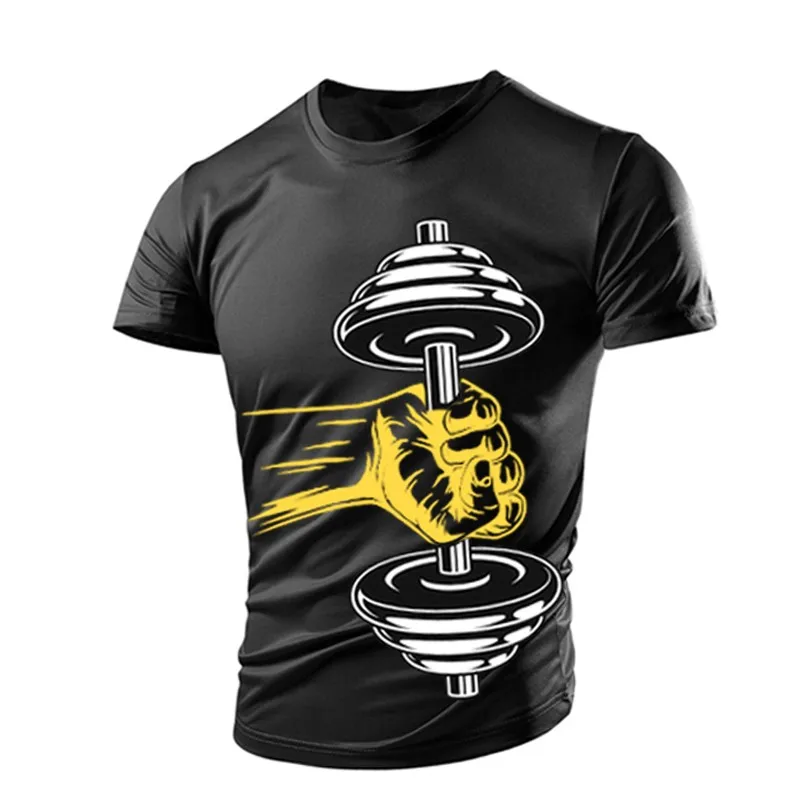 New Summer Gym Dumbbell Casual Tough Guy Muscle Men's T-Shirt 3D Printing Breathable Lightweight Sports Quick Dry Short Sleeves