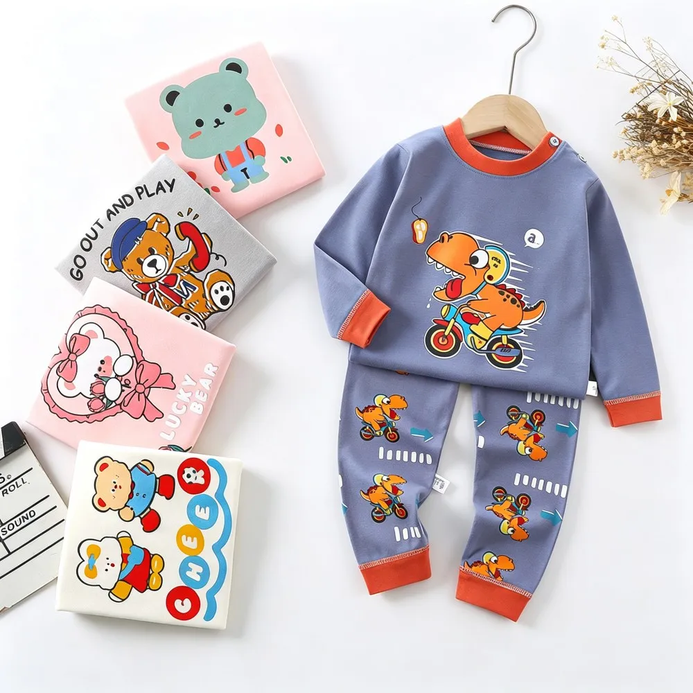 Funny Boys Pajamas Sets Soft Cotton Long Sleeve Kids Pyjamas Bear Unicorn Floral Toddler Children Home Clothes Spring Autumn Pjs