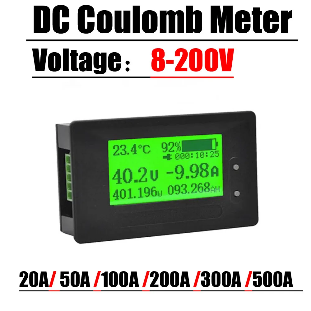 100A 200A 500A Digital Coulomb Meter Battery Monitor Capacity Power Display 12V 24V 36V 48V 60V BMS Li-Ion Lead-acid Lifepo4