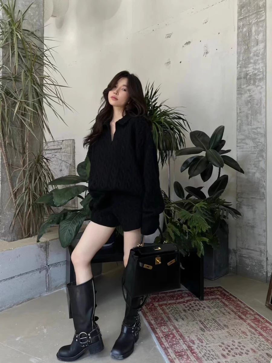 Dames herfst winter gebreide trui set hoge taille orts twee stukken losse pasvorm comfortabele Koreaanse sle kraag kleding