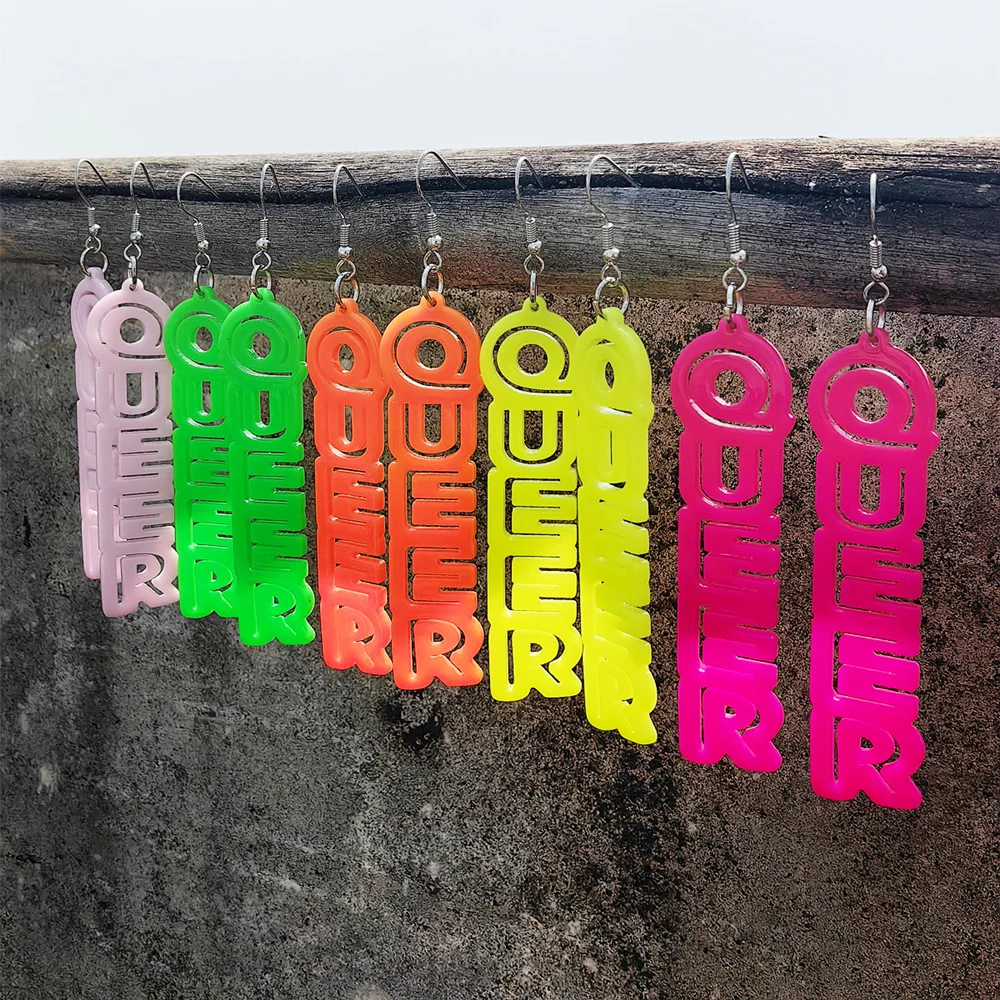 Trendy Acrylic Neon Letter QUEER Dangle Earring for Women Creative Colorful Symmetrical Drop Earrings Party Jewelry