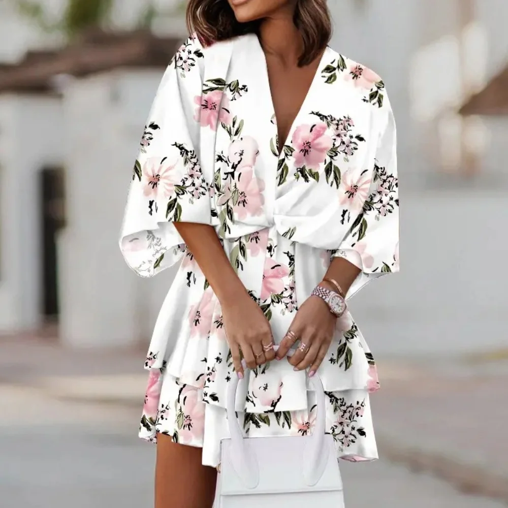 Summer Print Loose Casual Holiday Women\'s Dress Deep V-Neck Batwing Sleeves Sexy Elegant Mini Pleated Fashion Trendy Beach Dress