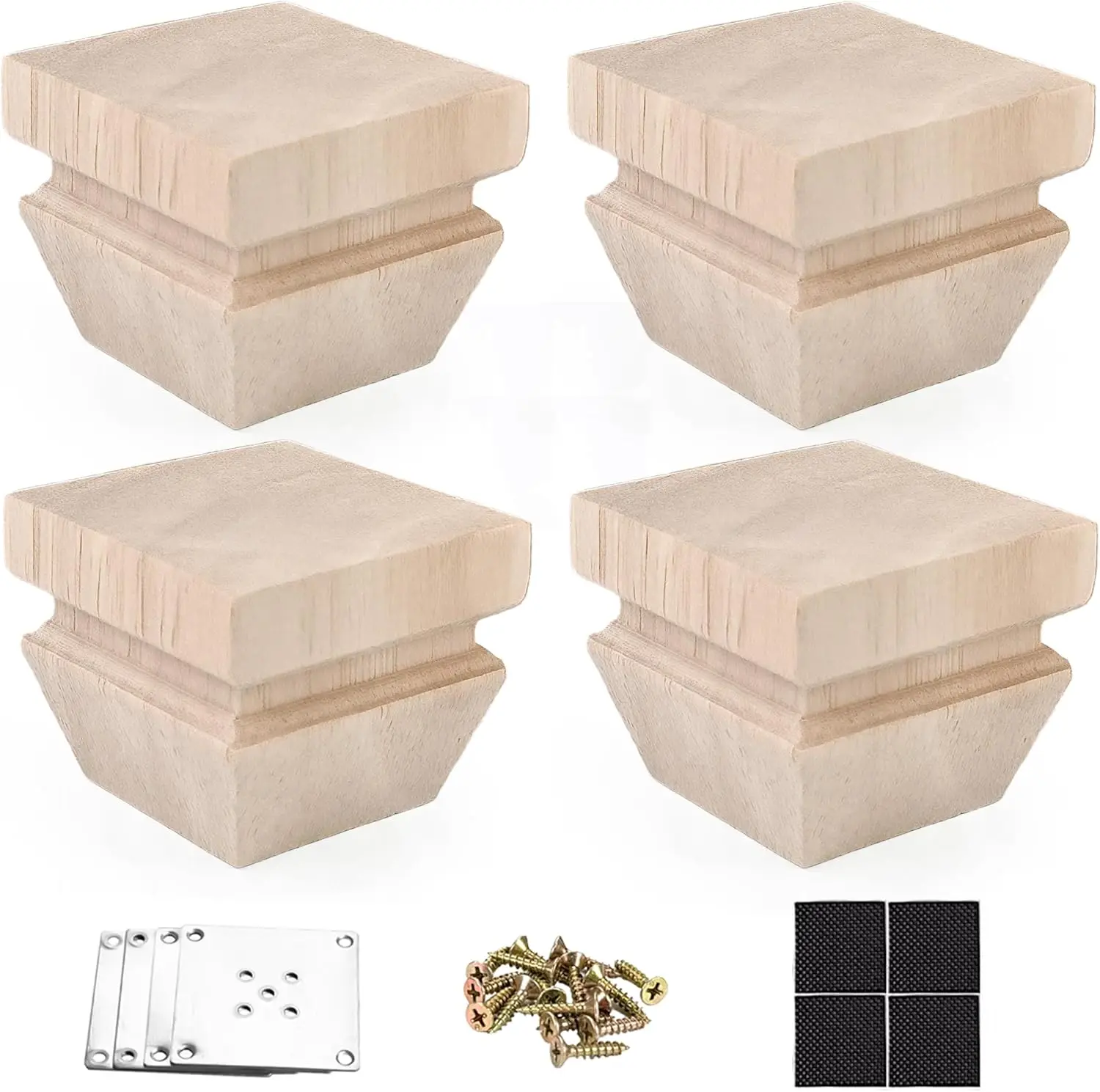 

2 Inch Wooden Furniture Legs with Mounting Plates Screws Set of 4 Solid Wood Unfinished Replacement Furniture Feet for Couch Cab