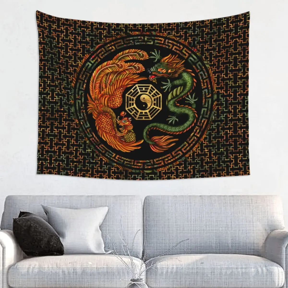 

Phoenix And Dragon With Bagua Tapestry Wall Hanging for Bedroom Custom Hippie Yin Yang Chinese Philosophy Tapestries Home Decor