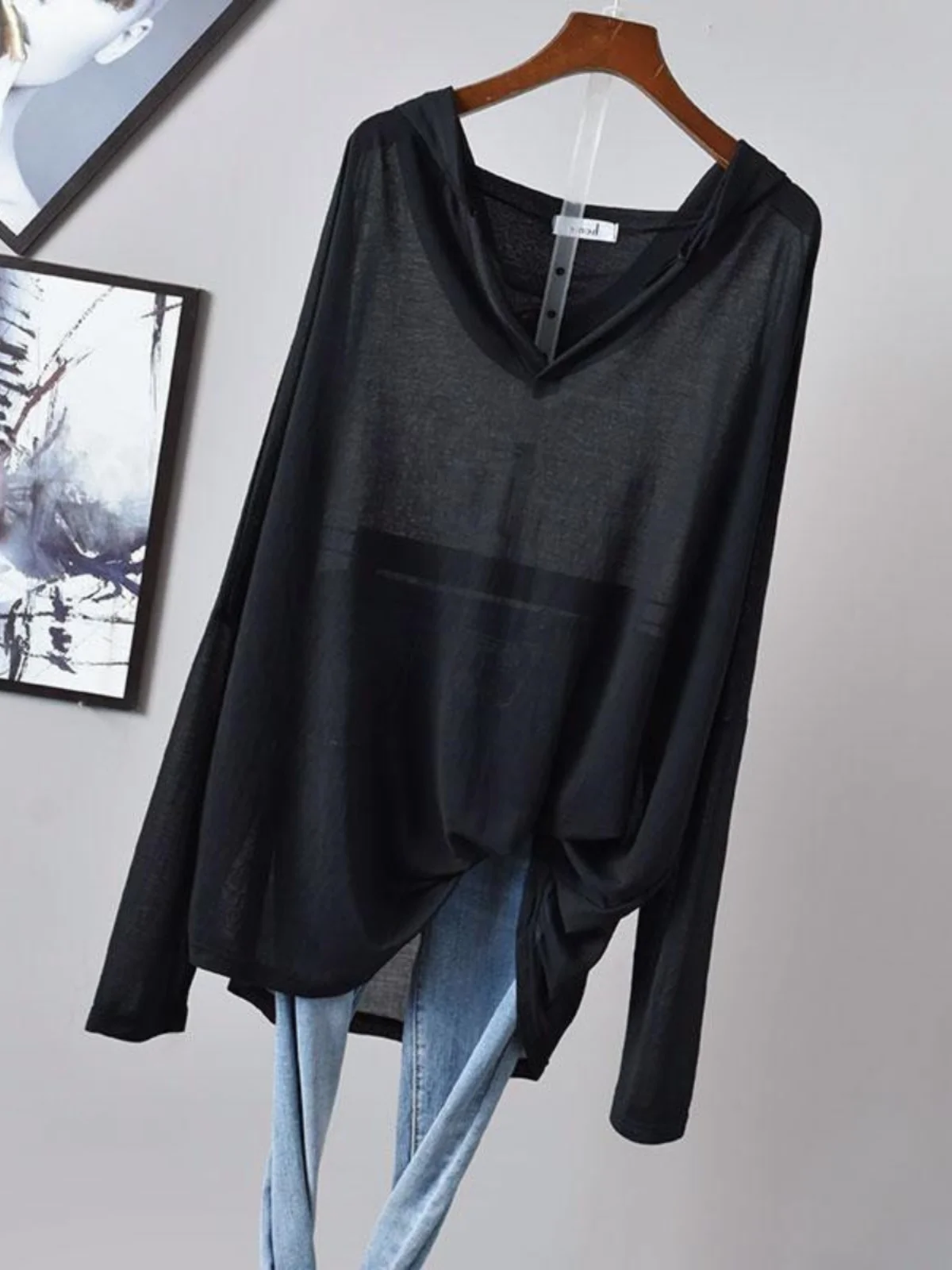 Summer Casual Style plus Size Women's Long Sleeve Hoodie Thin Transparent Overhead T-shirt Korean Style Loose Fit Sun Protect...