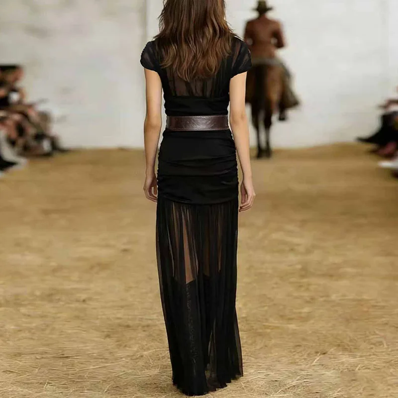 New Spring O Neck Splicing Mesh Long Dress Woman Sexy Hollow Slim Pleated Dress Boho Style Long Sleeve Solid Elegant Party Dress