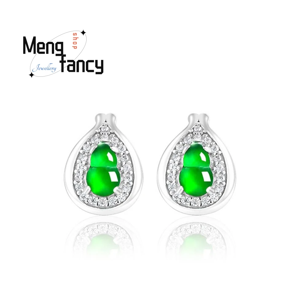 Elegant S925 Silver Inlaid Natural A-goods Jadeite Gourd Yang Green Ice Jade Earrings Sexy Young Girls Luxury Quality Jewelry