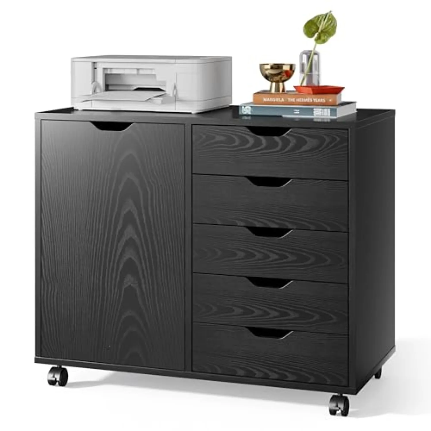 5-Drawer Wood Drawer Cabinet, Office Storage Cabinet, Black | Craft Storage Cabinet, Under Desk Drawer, Rolling Cart