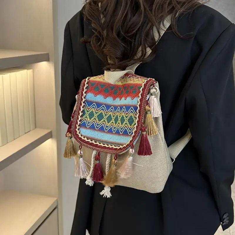 Tassel Women Backpacks Vintage Female Shoulder Bags Sac A Dos Bohemian Travel Ladies Bagpack Mochilas National School Bags 2024