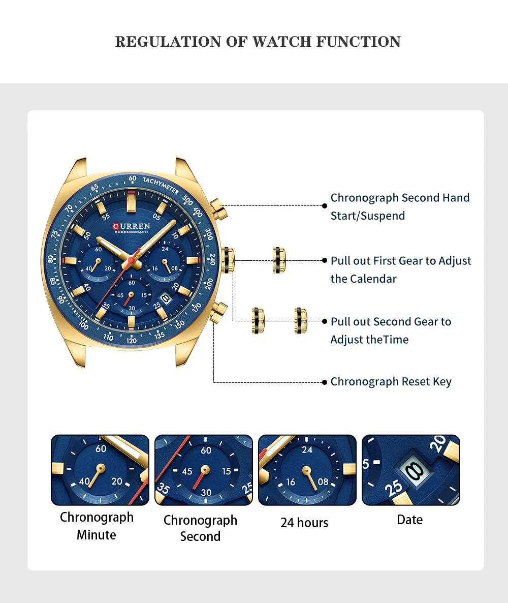 Luxuriöse CURREN Marken-Herren-Chronographenuhr mit Edelstahlarmband, Leuchtzeigern, Datumsanzeige, Wasserdicht, Quarz-Uhrwerk, Relógio – Detail 7