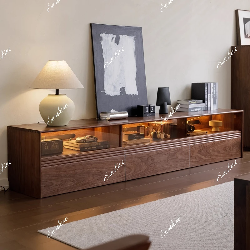 

All solid wood TV cabinet with ambient light modern simple storage household floor-to-ceiling living room cabinet