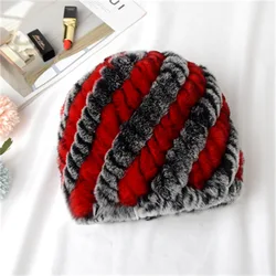 Women's Winter Real Natural Rex Rabbit Fur Hat Ladies Elastic Warm Hand Knitted Beanie Hat Russia Hot Sale