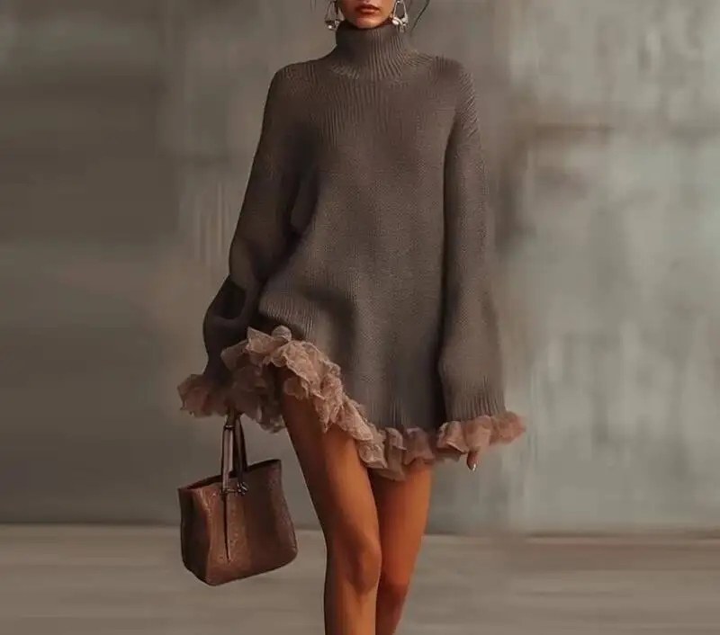 

Женский свитер 2026, весна-осень, новый однотонный вязаный свитер с высоким воротником и оборками, повседневный серый пуловер с длинными рукавами