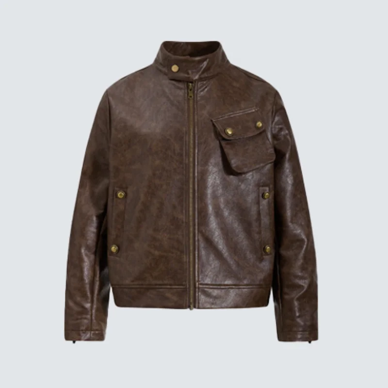 MWJLPWQ Retro Stand Collar PU Leather Jacket Unisex Street American Pocket Motorcycle Style Solid Color  Distressed Tops 21328