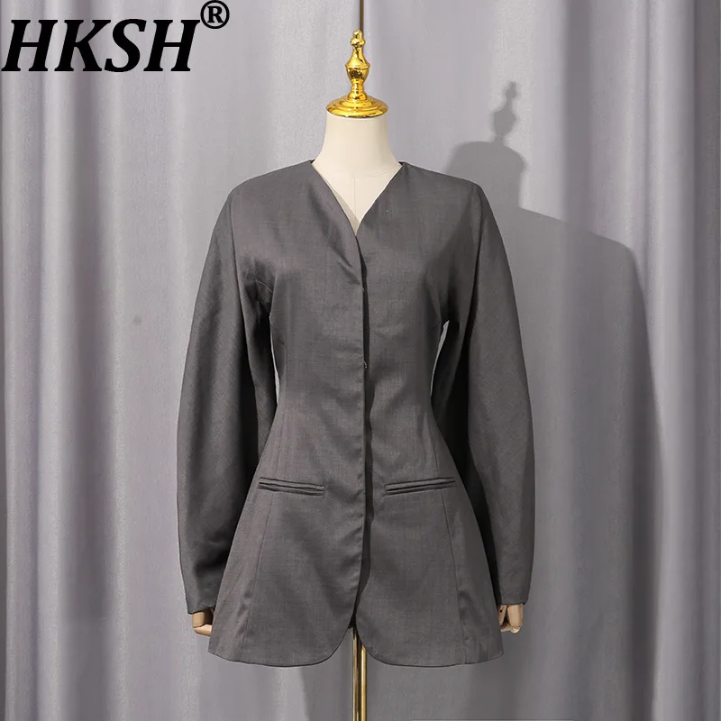 

HKSH весенне-осенний новый женский пиджак с v-образным вырезом, однотонный, с завязкой на талии, элегантный модный офисный женский пиджак HK15189