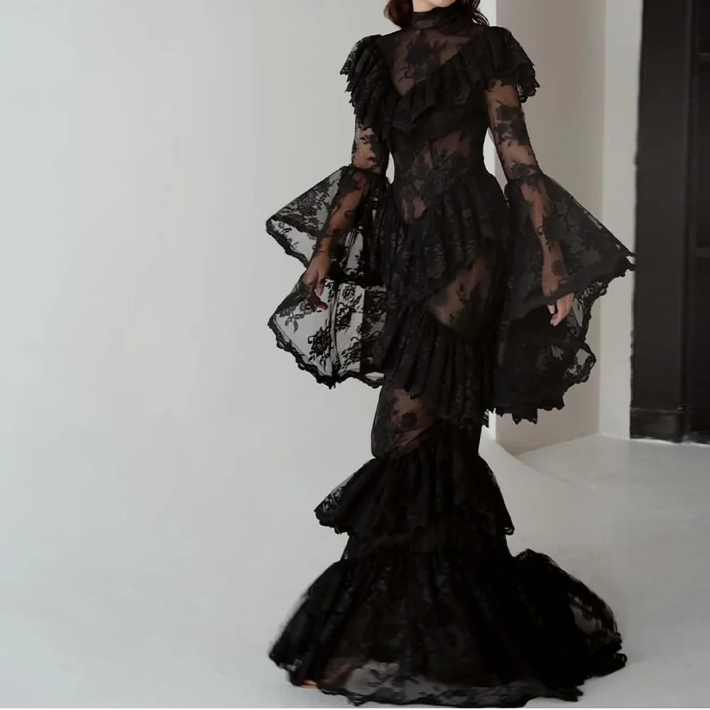 

High Collar Long Sleeves Mermaid Floor Length Sweep Train Solid Black Ruffles Lace Appliques Fashion Bespoke Occasion Gowns 2024