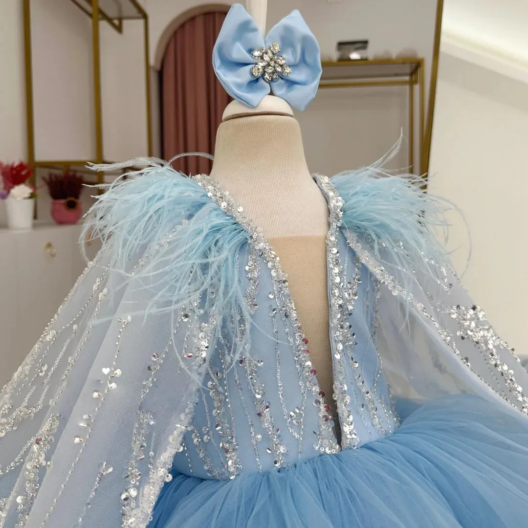 ラベンダーフラワーガールドレス 結婚式用 スパンコール フェザーガール 誕生日ドレス 写真撮影用 初聖体ドレス カスタマイズ