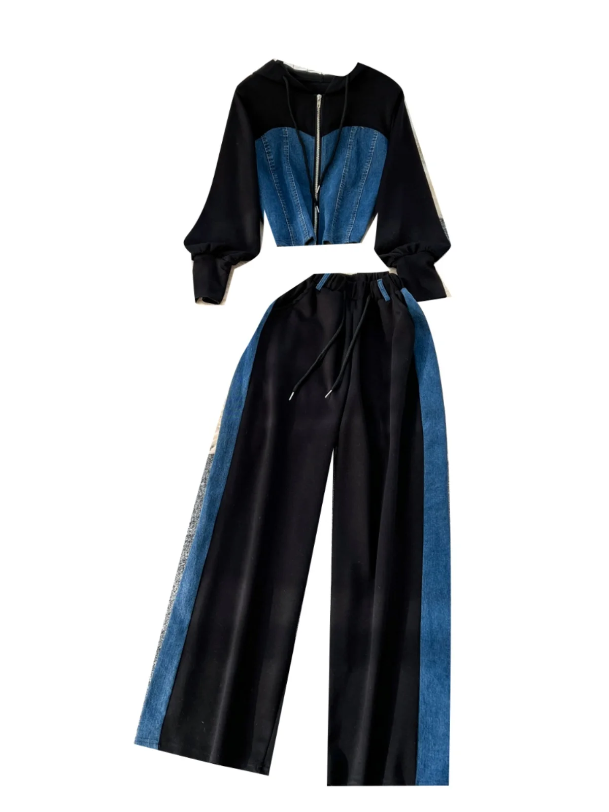 Spring Casual Sportswear Set Women's High Waist Denim Wide Leg Pants Long Sve Hoodie Faionable Ensemble for Young Ladies - Image 5