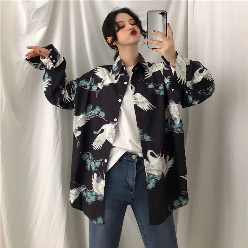 Chinese Style Women Blouses 2024 Spring Summer Shirts Long Sleeve Harajuku Vintage Chic Crane Printed Blusas Daily Streetwear