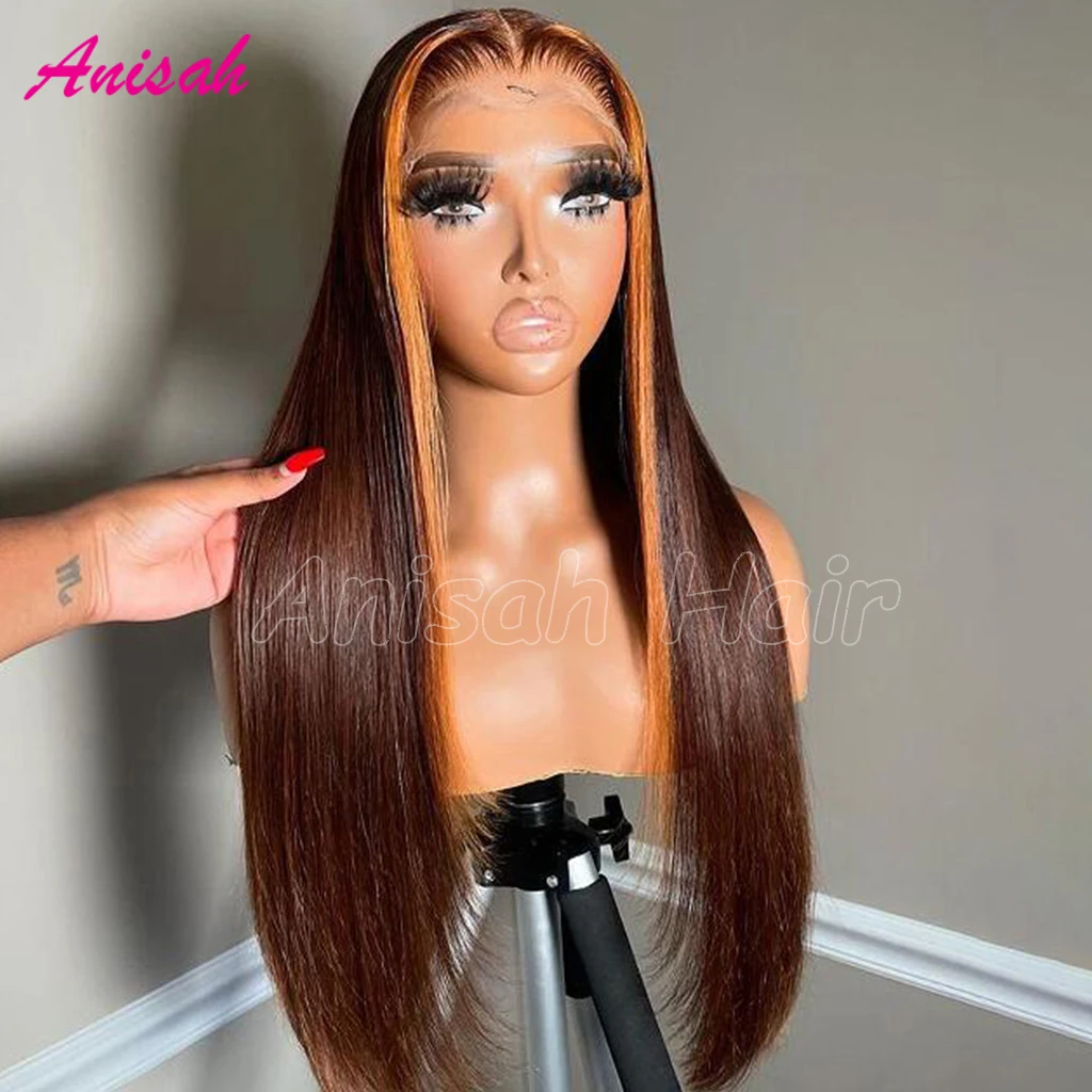 Wig rambut manusia Frontal renda transparan wig depan renda rambut manusia Virgin Brasil lurus berwarna telah ditanami untuk wanita