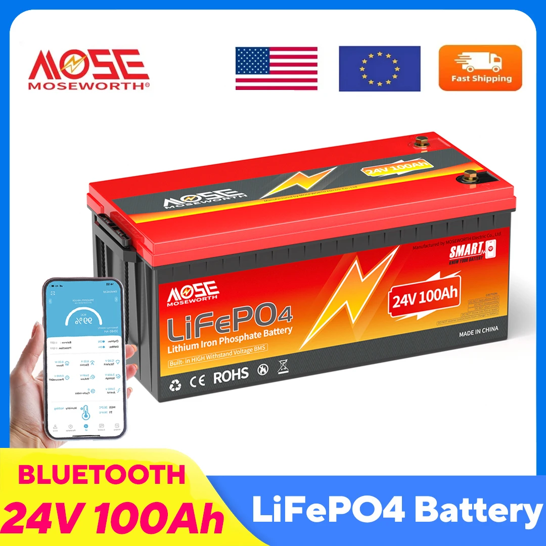

MOSEWORTH 24 В LiFePO4 аккумулятор 100 Ач Bluetooth BMS литий-железо-фосфатный аккумулятор для кемпера RV домашняя энергия солнечный троллинговый двигатель