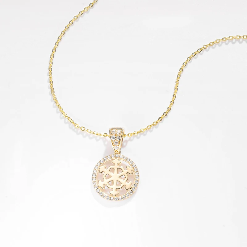 

Raprgold 14K Solid Gold Cubic Zirconia Round Pendant with 925 Silver Link Chain 20'' Snowflake Round Jewelry Necklace