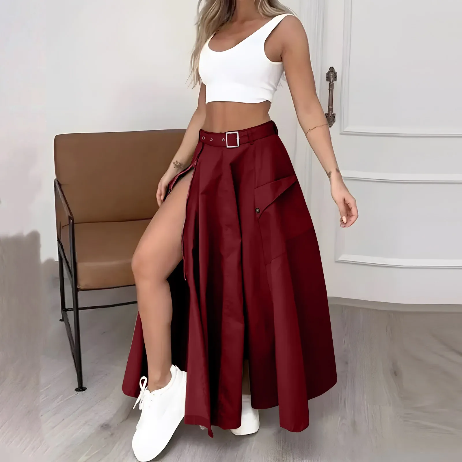 Sexy High Slit Long Dress Set With Suspender Vest For Women Casual Solid Color Two-Piece Vest Skirt Autumn Long Skirt Set Women