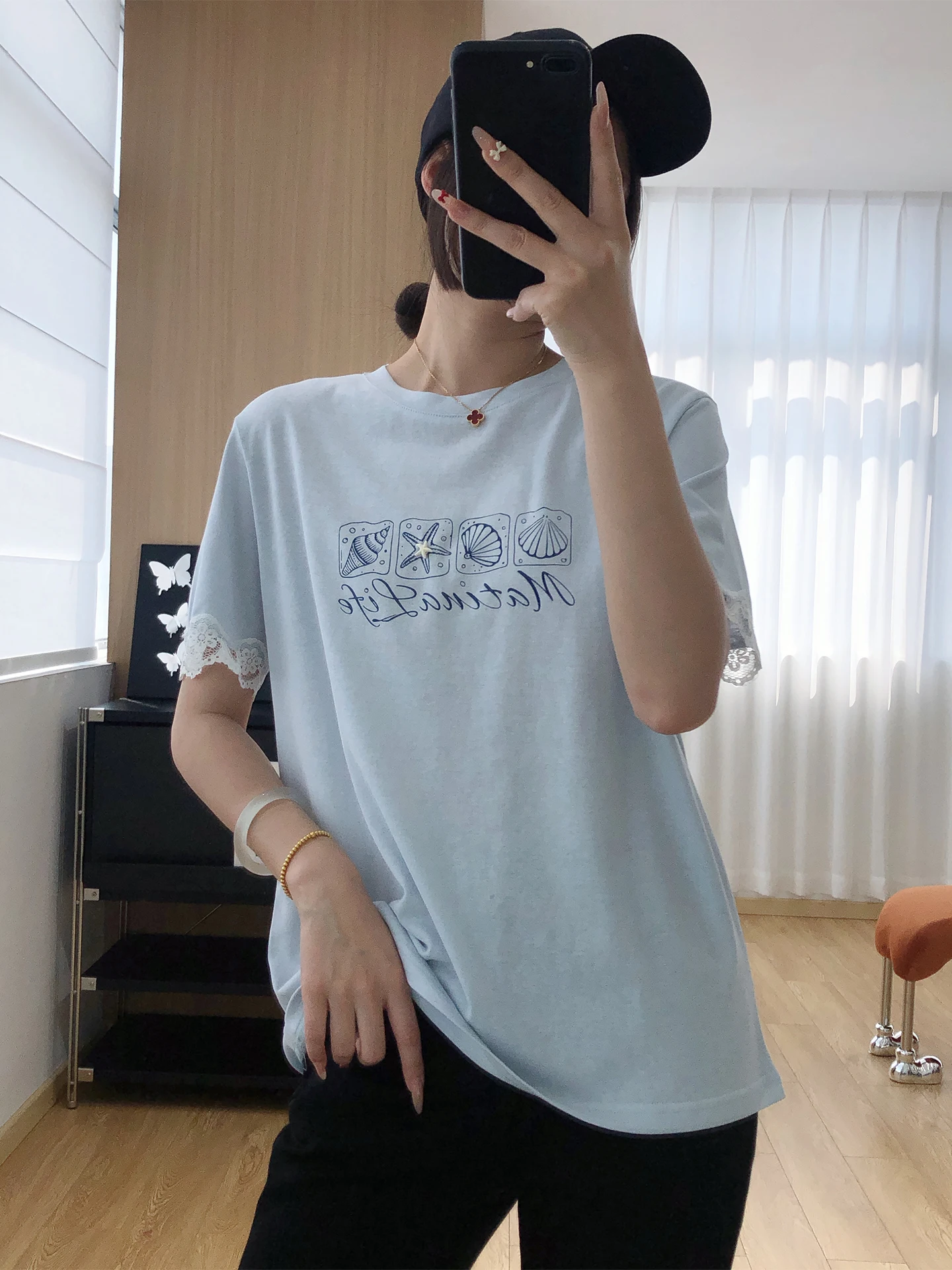 

Lace Sleeve T-Shirt Women's Summer Lightweight Soft Comfortable Skin-friendly Breathable Short Sleeve round Neck Cotton Blend