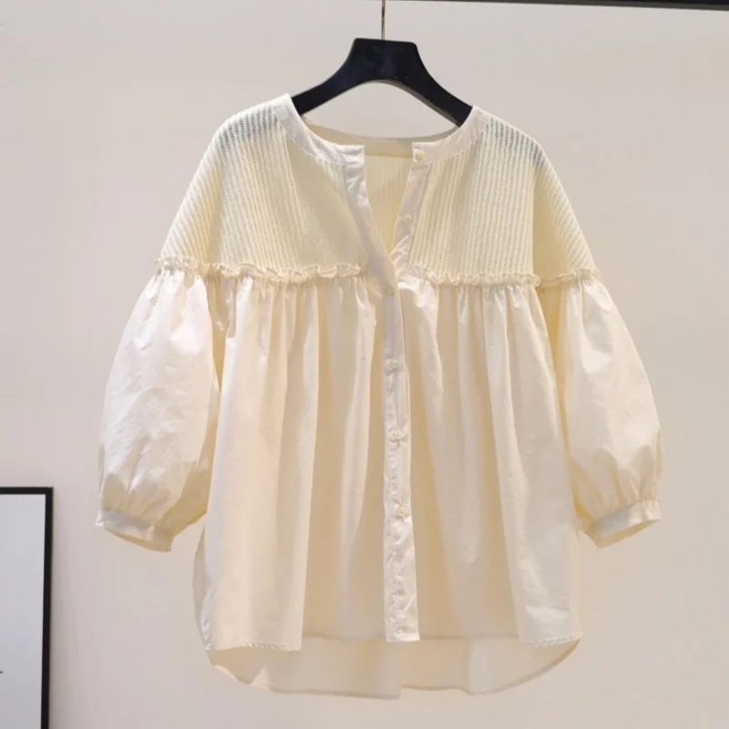 Korean Pink Lantern Sleeves Sweet Doll Shirt Summer Ear Edge Shirt Knitted Spliced Cotton Loose Women's Shirt