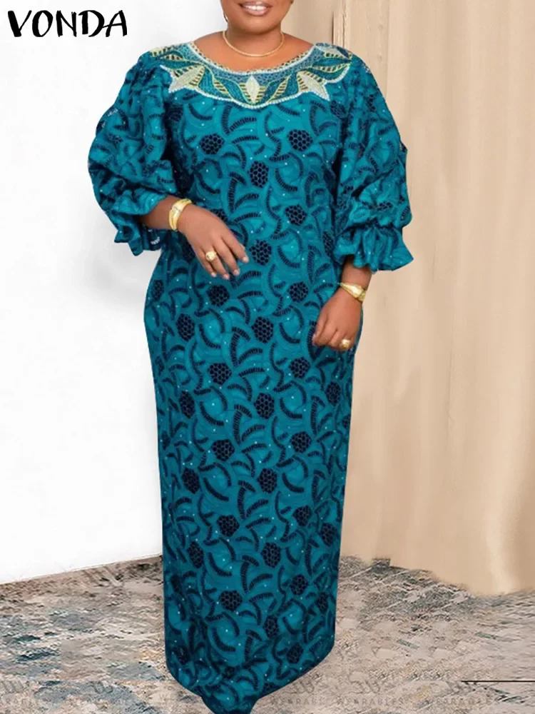 VONDA gaun Maxi panjang antik wanita, gaun Vestido cetakan seksi lengan lentera leher bulat Bohemian musim gugur 2024 ukuran Plus 5XL