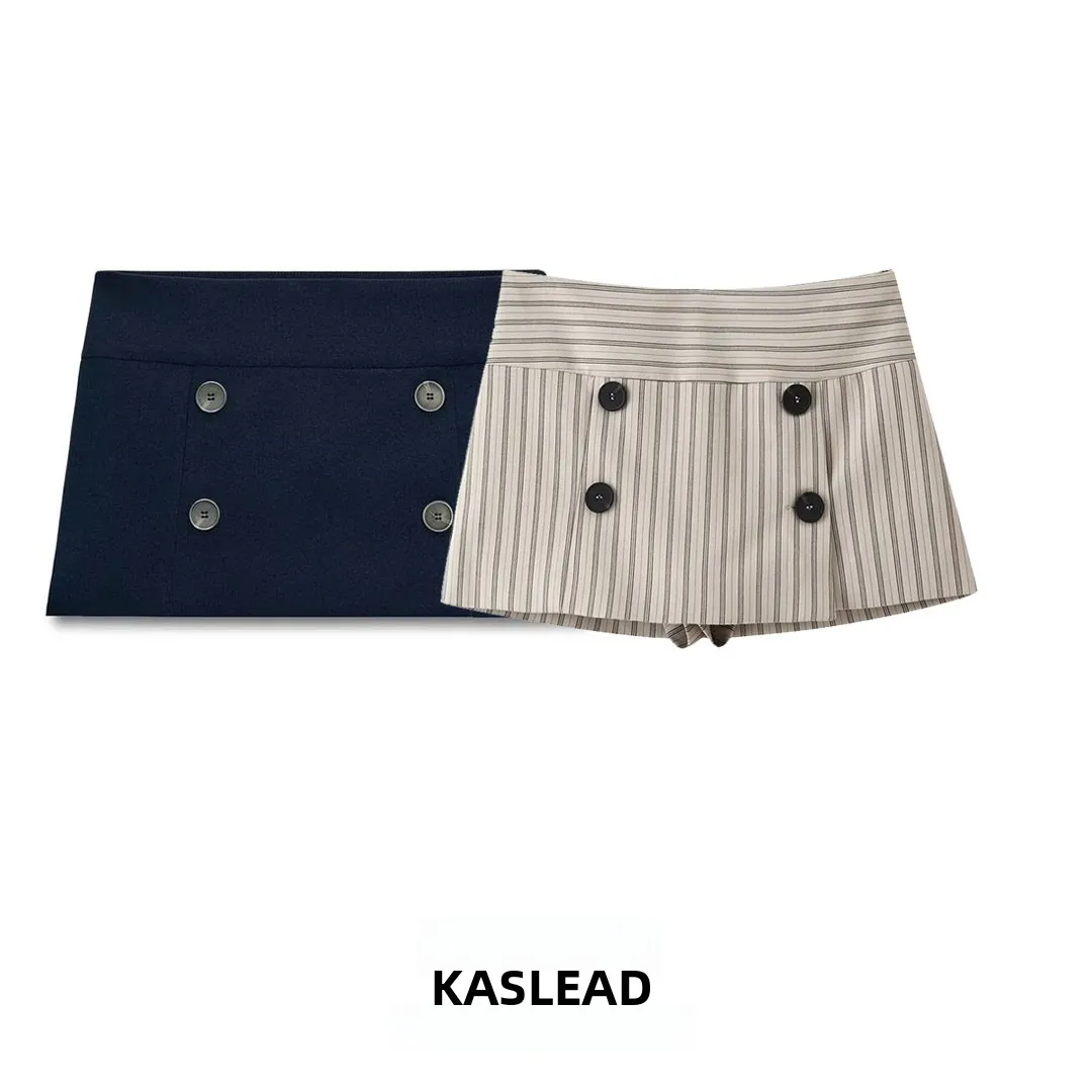 KASLEAD Women's Fashion Versatile Striped Button Decorated Skirt Pants 4661509 401 A-Line Slim Fit Summer Season Polyester Fiber