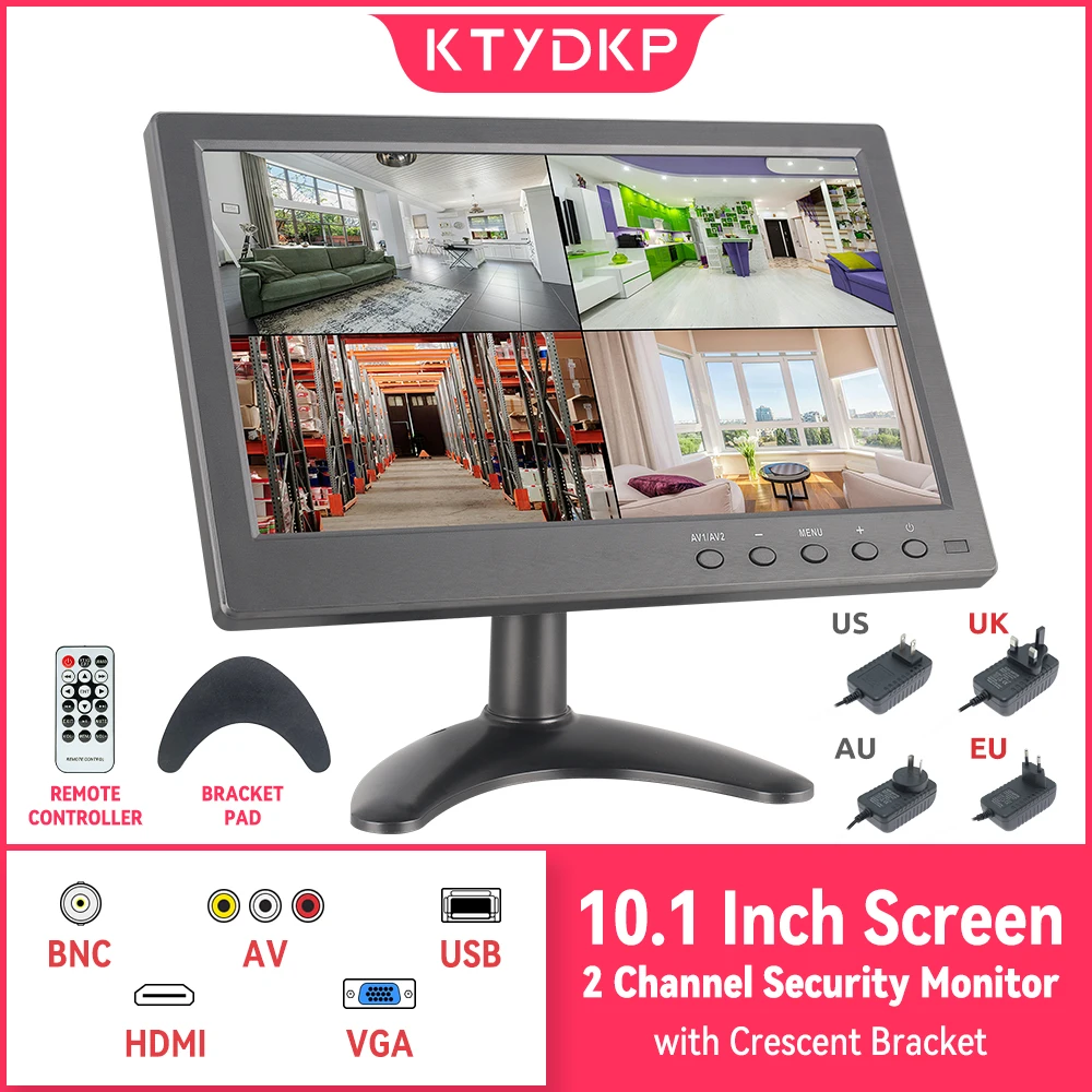מסך נייד KTYDKP 10.1" LCD HD עם 2 ערוצים, קלט וידאו AV/VGA/HDMI/BNC, תצוגת תמונה הפוכה ניתנת לסיבוב עם רמקול USB