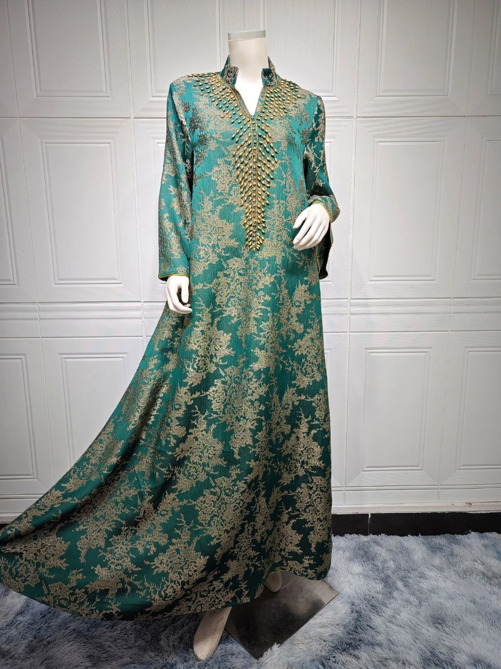 Kaftan Golden Lace Loose Evening Dress, Vintage Stand Collar Muslim Prom Gown, Stylish Beaded Gorgeous Robe, Formal Occasions