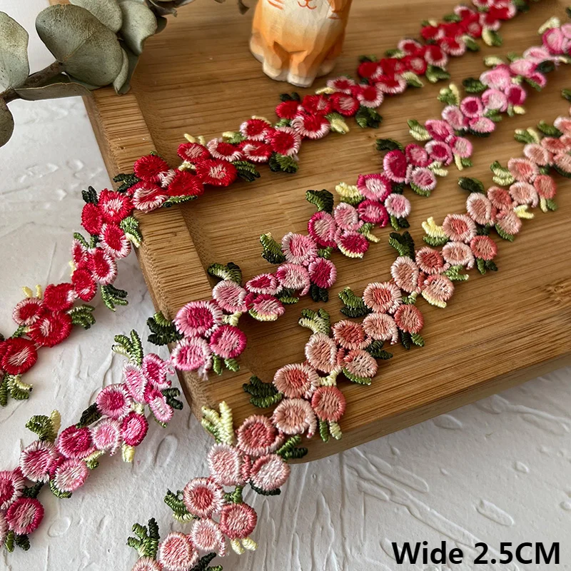 2.5CM di larghezza squisito rosso rosa ricamato fiori 3d tessuto di pizzo nastro vestito cinghie bambole vestiti fai da te cucito decorazione Guipure