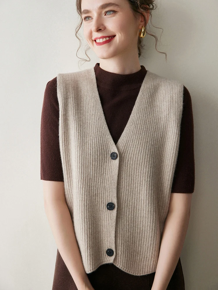 New Women's 100% Pure Cashmere Cardigan Vest V-neck Sleeveless Autumn Winter Simple Soild Knit Waistcoat High-end Outwear Basic