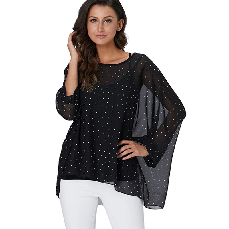 BHflutter Black Shirts Women Fashion Batwing Sleeve Casual Summer Blouse Shirt White Dot Print Vintage Chiffon Blouses For Women