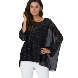 BHflutter-camisas negras para mujer, blusa informal con manga de murciélago, Blusa de gasa Vintage con estampado de puntos blancos para verano