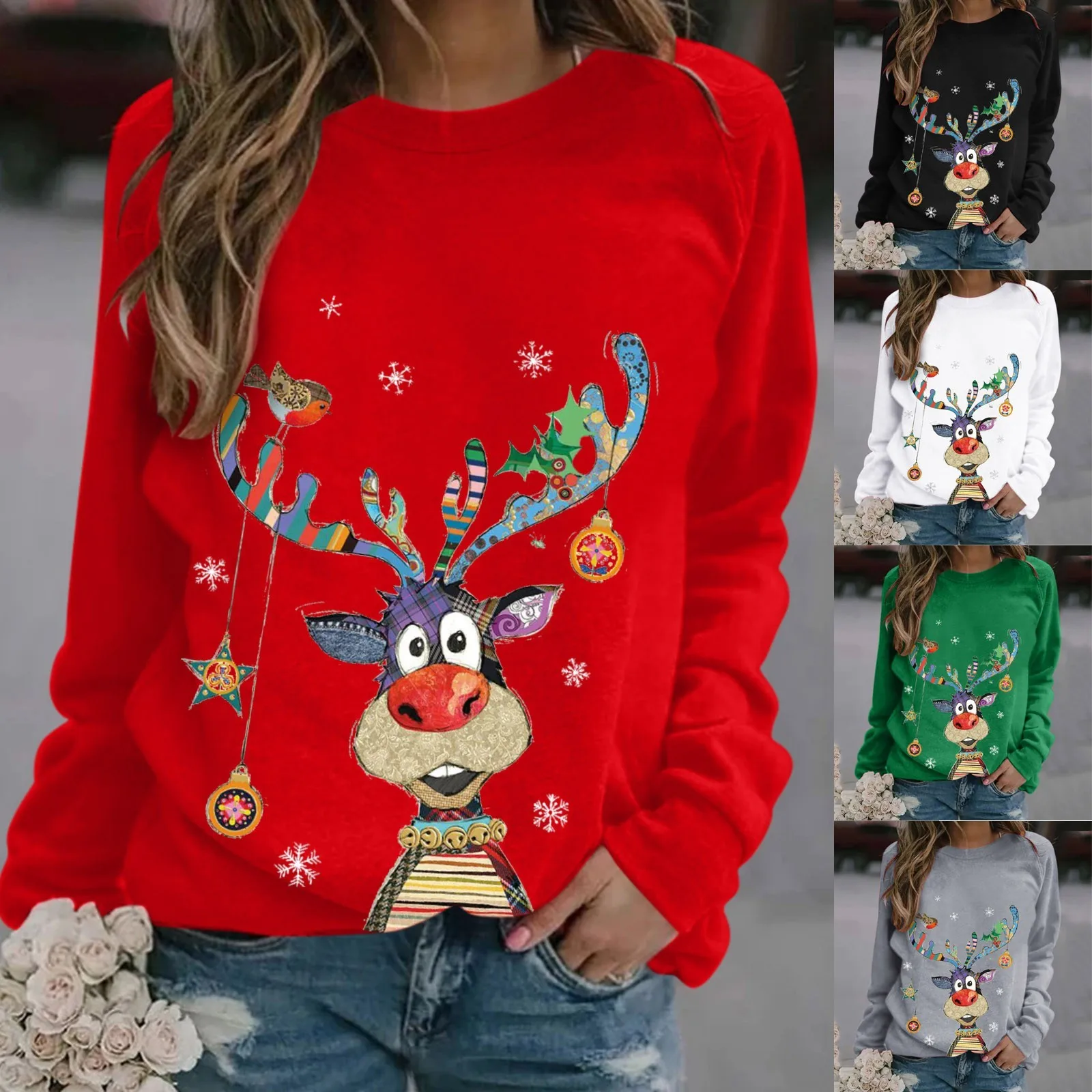 Women\'s Christmas Sweatshirts Autumn and Winter Fashion Leisure Print O-Neck Long Sleeve Pullover Top Shirts