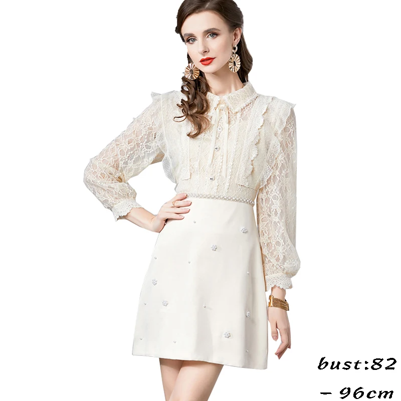 

High quality vintage lace short dress for women long sleeve with beads new 2024 spring lady elegant office clothing - beige