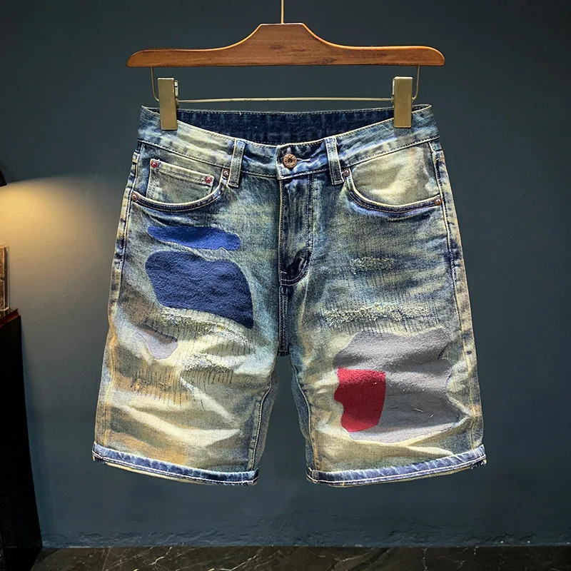 

American casual denim shorts men's summer new embroidered five quarter casual trendy brand retro five quarter mid length pants