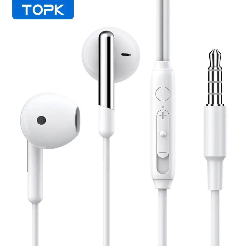 TOPK-Écouteurs intra-auriculaires avec microphone, contrôle du volume, prise jack 3.5mm, universel, pour iPhone et Android